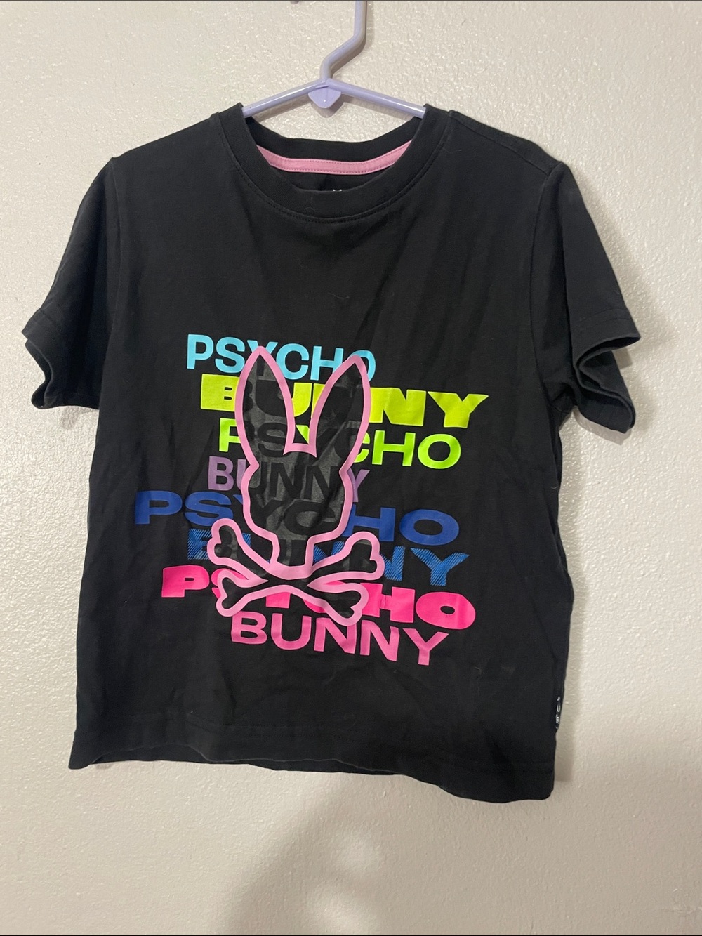 Psycho Bunny Black Tee with Neon Pink, Blue & Lime Graphic